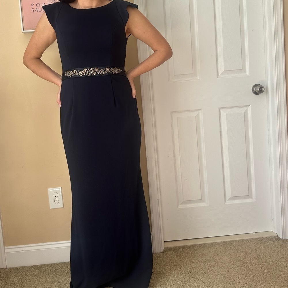 Antonio Melani Gown Navy long Dress gem tie belt gala or wedding guest Size 4 6
